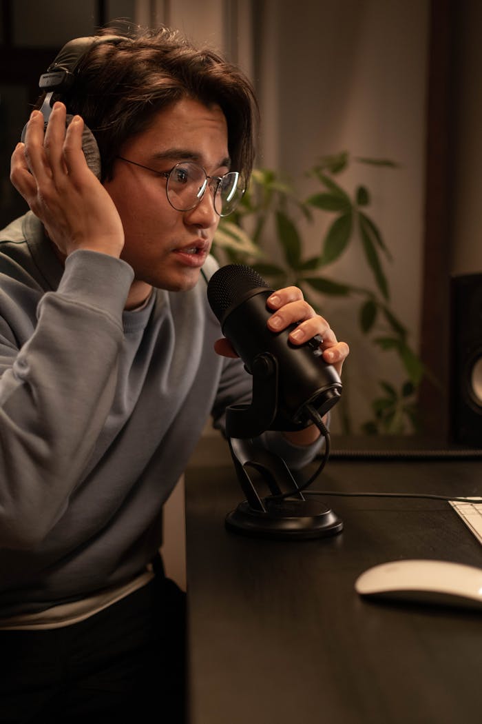 A young man with headphones and eyeglasses recording a podcast in a home studio setting.